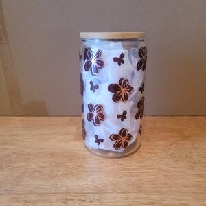 Flower and Butterfly Clear Glass Tumbler 16oz, Brown and Rose, Lid And Straw